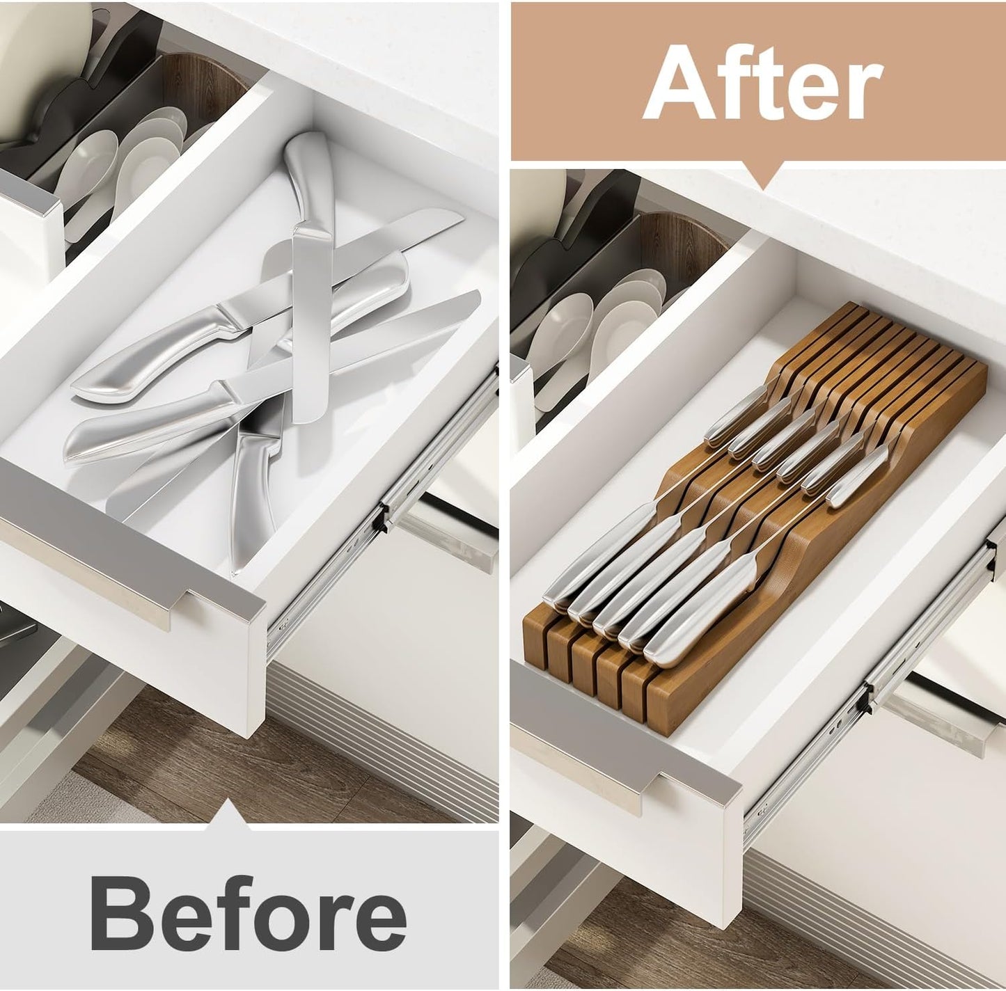 In-Drawer Knife Block Organizer - Bamboo Wood Drawer Knife Organizer-Protecting Knife Organizer Block (Not Included) (Natural, 7 Knives Dock)