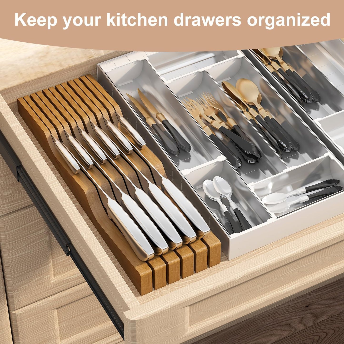 In-Drawer Knife Block Organizer - Bamboo Wood Drawer Knife Organizer-Protecting Knife Organizer Block (Not Included) (Natural, 7 Knives Dock)