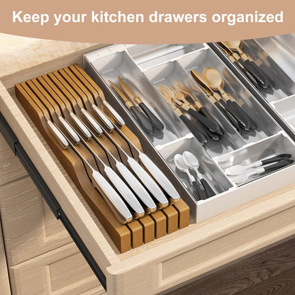 In-Drawer Knife Block Organizer - Bamboo Wood Drawer Knife Organizer-Protecting Knife Organizer Block (Not Included) (Natural, 7 Knives Dock)