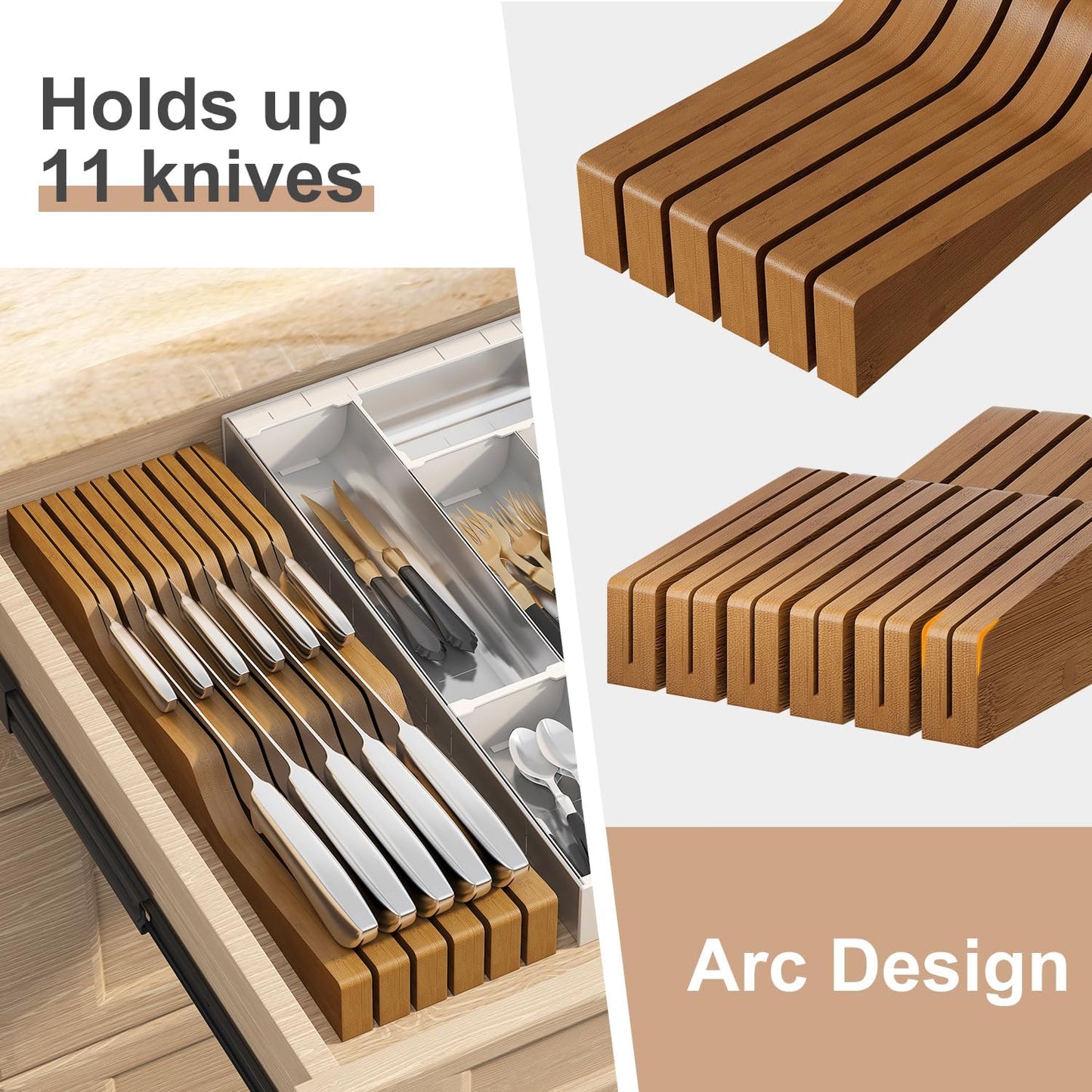 In-Drawer Knife Block Organizer - Bamboo Wood Drawer Knife Organizer-Protecting Knife Organizer Block (Not Included) (Natural, 7 Knives Dock)