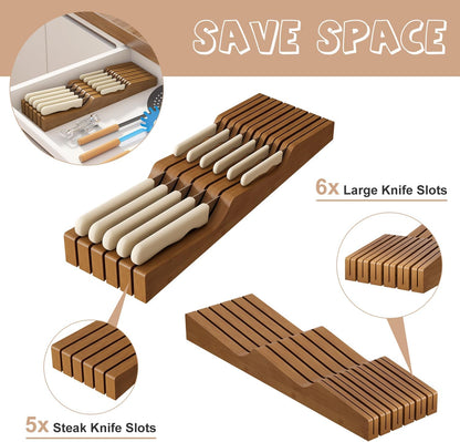 In-Drawer Knife Block Organizer - Bamboo Wood Drawer Knife Organizer-Protecting Knife Organizer Block (Not Included) (Natural, 7 Knives Dock)