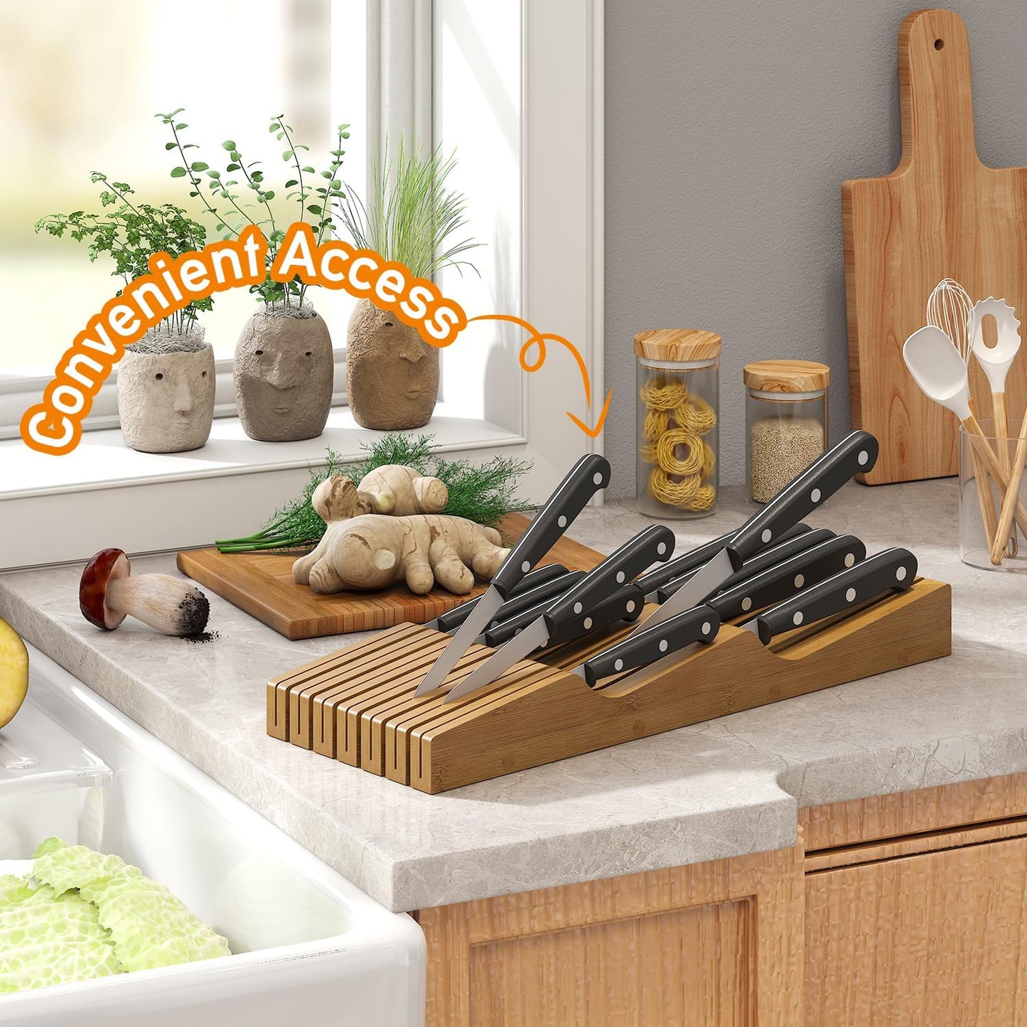In-Drawer Knife Block Organizer - Bamboo Wood Drawer Knife Organizer-Protecting Knife Organizer Block (Not Included) (Natural, 7 Knives Dock)