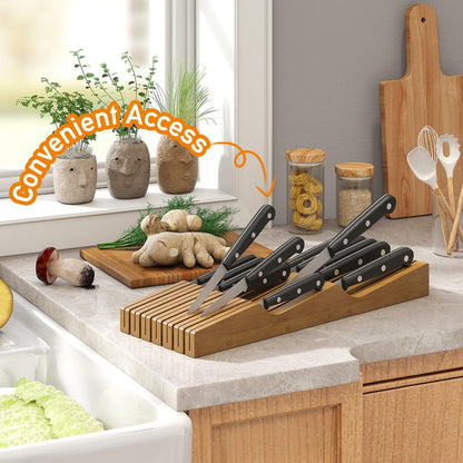 In-Drawer Knife Block Organizer - Bamboo Wood Drawer Knife Organizer-Protecting Knife Organizer Block (Not Included) (Natural, 7 Knives Dock)