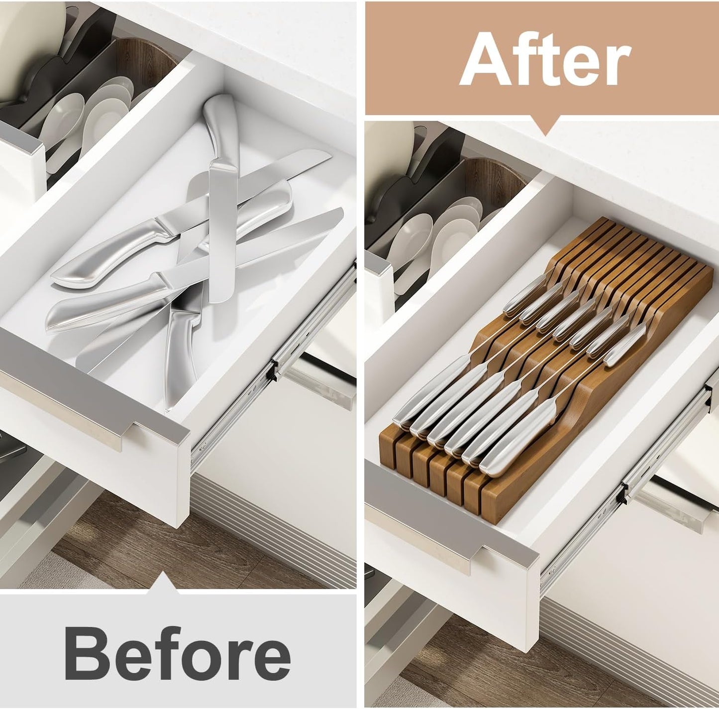 In-Drawer Knife Block Organizer - Bamboo Wood Drawer Knife Organizer-Protecting Knife Organizer Block (Not Included) (Natural, 7 Knives Dock)
