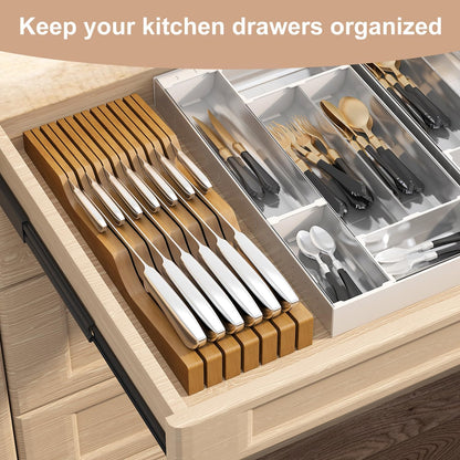In-Drawer Knife Block Organizer - Bamboo Wood Drawer Knife Organizer-Protecting Knife Organizer Block (Not Included) (Natural, 7 Knives Dock)