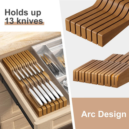 In-Drawer Knife Block Organizer - Bamboo Wood Drawer Knife Organizer-Protecting Knife Organizer Block (Not Included) (Natural, 7 Knives Dock)