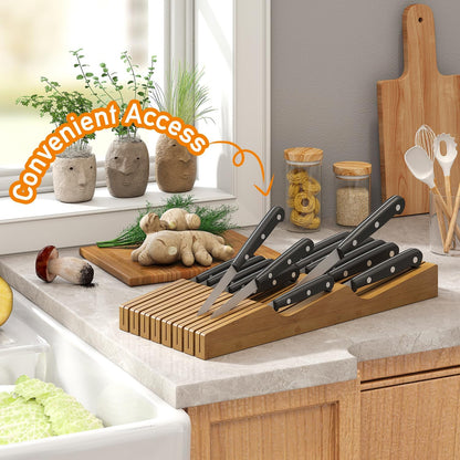 In-Drawer Knife Block Organizer - Bamboo Wood Drawer Knife Organizer-Protecting Knife Organizer Block (Not Included) (Natural, 7 Knives Dock)