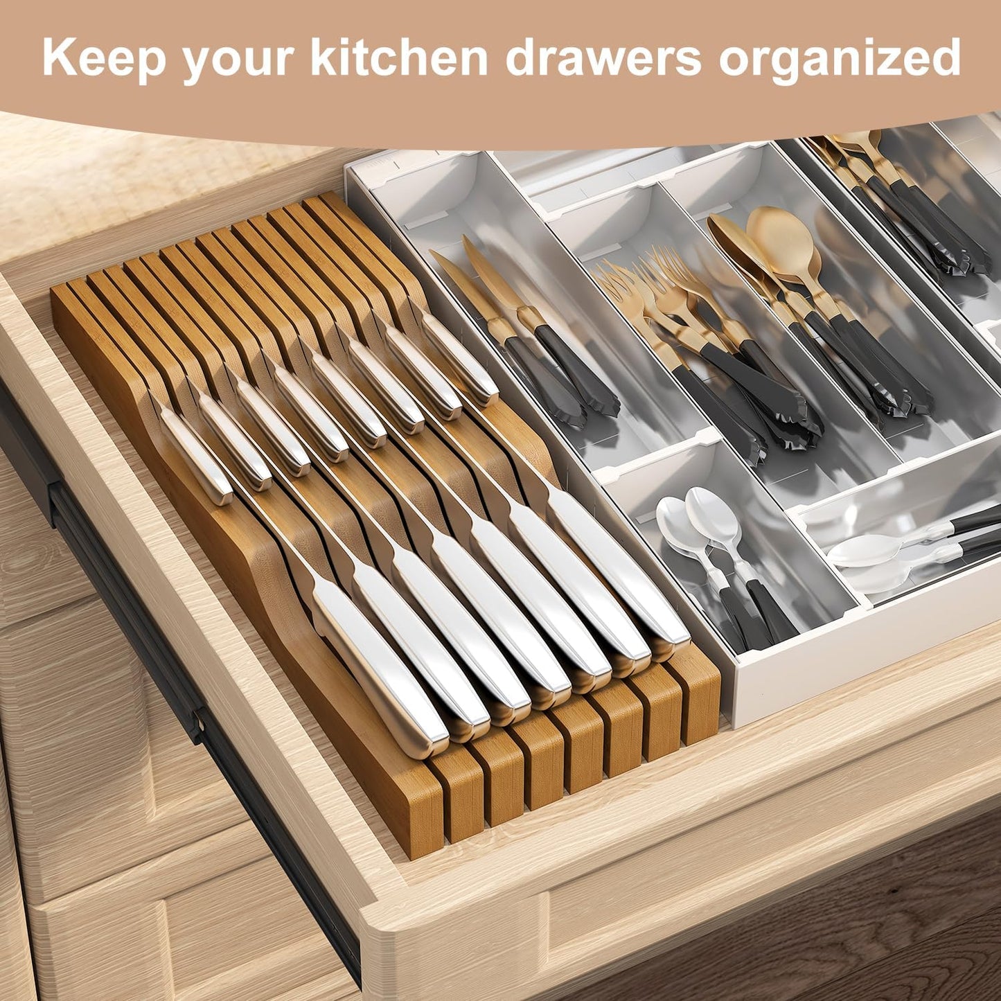 In-Drawer Knife Block Organizer - Bamboo Wood Drawer Knife Organizer-Protecting Knife Organizer Block (Not Included) (Natural, 7 Knives Dock)