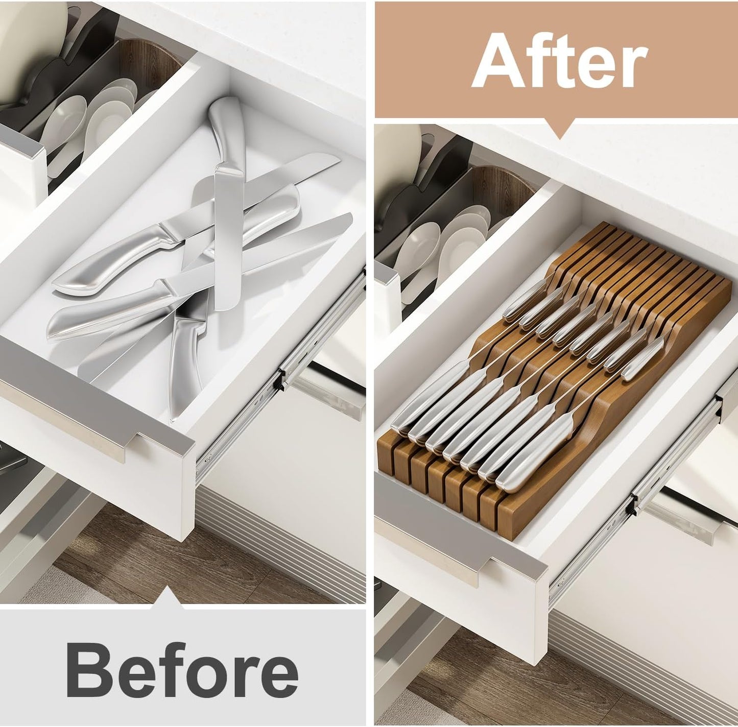 In-Drawer Knife Block Organizer - Bamboo Wood Drawer Knife Organizer-Protecting Knife Organizer Block (Not Included) (Natural, 7 Knives Dock)