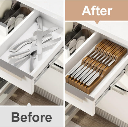 In-Drawer Knife Block Organizer - Bamboo Wood Drawer Knife Organizer-Protecting Knife Organizer Block (Not Included) (Natural, 7 Knives Dock)