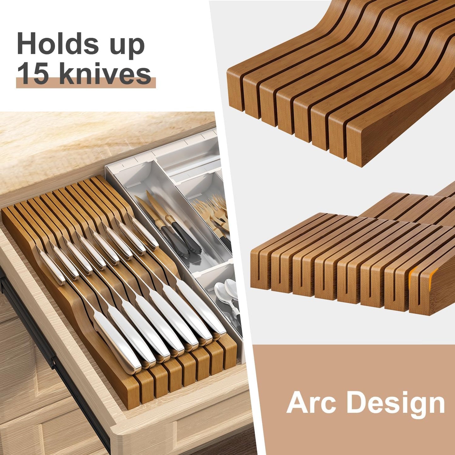 In-Drawer Knife Block Organizer - Bamboo Wood Drawer Knife Organizer-Protecting Knife Organizer Block (Not Included) (Natural, 7 Knives Dock)