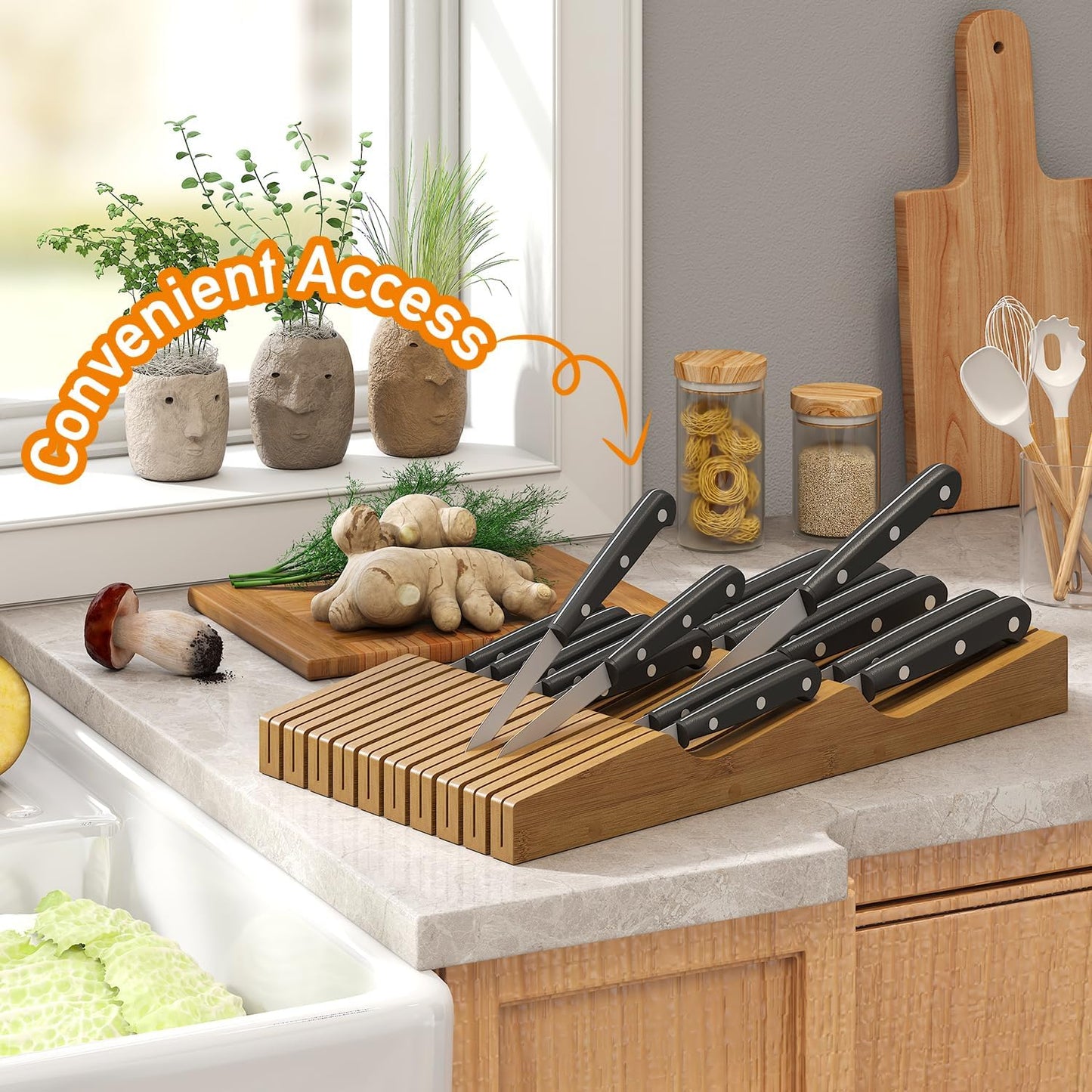 In-Drawer Knife Block Organizer - Bamboo Wood Drawer Knife Organizer-Protecting Knife Organizer Block (Not Included) (Natural, 7 Knives Dock)