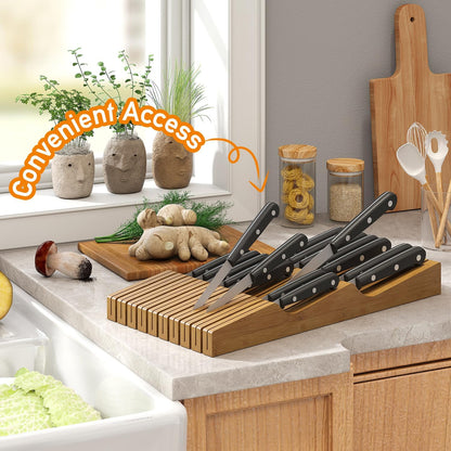 In-Drawer Knife Block Organizer - Bamboo Wood Drawer Knife Organizer-Protecting Knife Organizer Block (Not Included) (Natural, 7 Knives Dock)