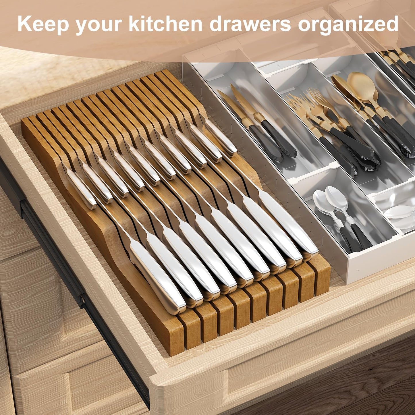 In-Drawer Knife Block Organizer - Bamboo Wood Drawer Knife Organizer-Protecting Knife Organizer Block (Not Included) (Natural, 7 Knives Dock)
