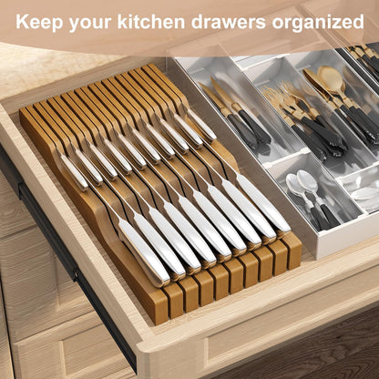 In-Drawer Knife Block Organizer - Bamboo Wood Drawer Knife Organizer-Protecting Knife Organizer Block (Not Included) (Natural, 7 Knives Dock)