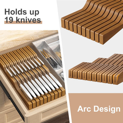 In-Drawer Knife Block Organizer - Bamboo Wood Drawer Knife Organizer-Protecting Knife Organizer Block (Not Included) (Natural, 7 Knives Dock)