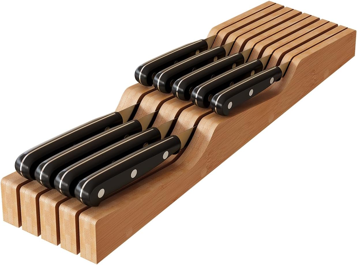 In-Drawer Knife Block Organizer - Bamboo Wood Drawer Knife Organizer-Protecting Knife Organizer Block (Not Included) (Natural, 7 Knives Dock)