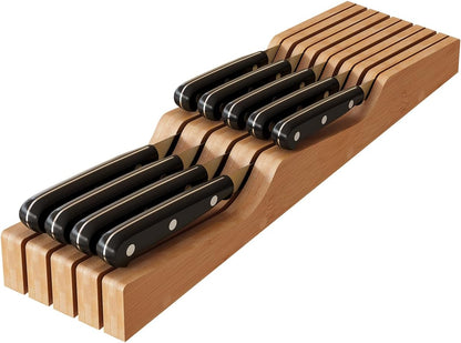 In-Drawer Knife Block Organizer - Bamboo Wood Drawer Knife Organizer-Protecting Knife Organizer Block (Not Included) (Natural, 7 Knives Dock)