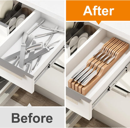 In-Drawer Knife Block Organizer - Bamboo Wood Drawer Knife Organizer-Protecting Knife Organizer Block (Not Included) (Natural, 7 Knives Dock)