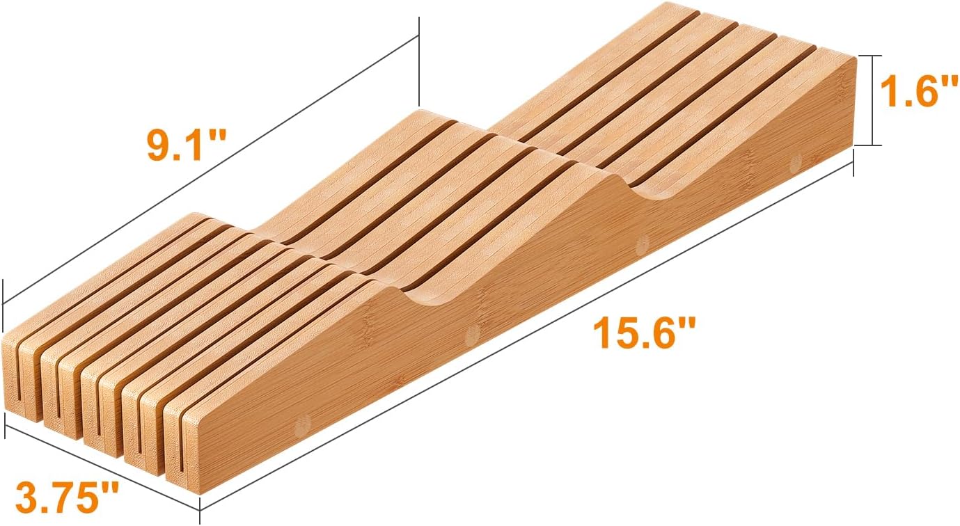 In-Drawer Knife Block Organizer - Bamboo Wood Drawer Knife Organizer-Protecting Knife Organizer Block (Not Included) (Natural, 7 Knives Dock)