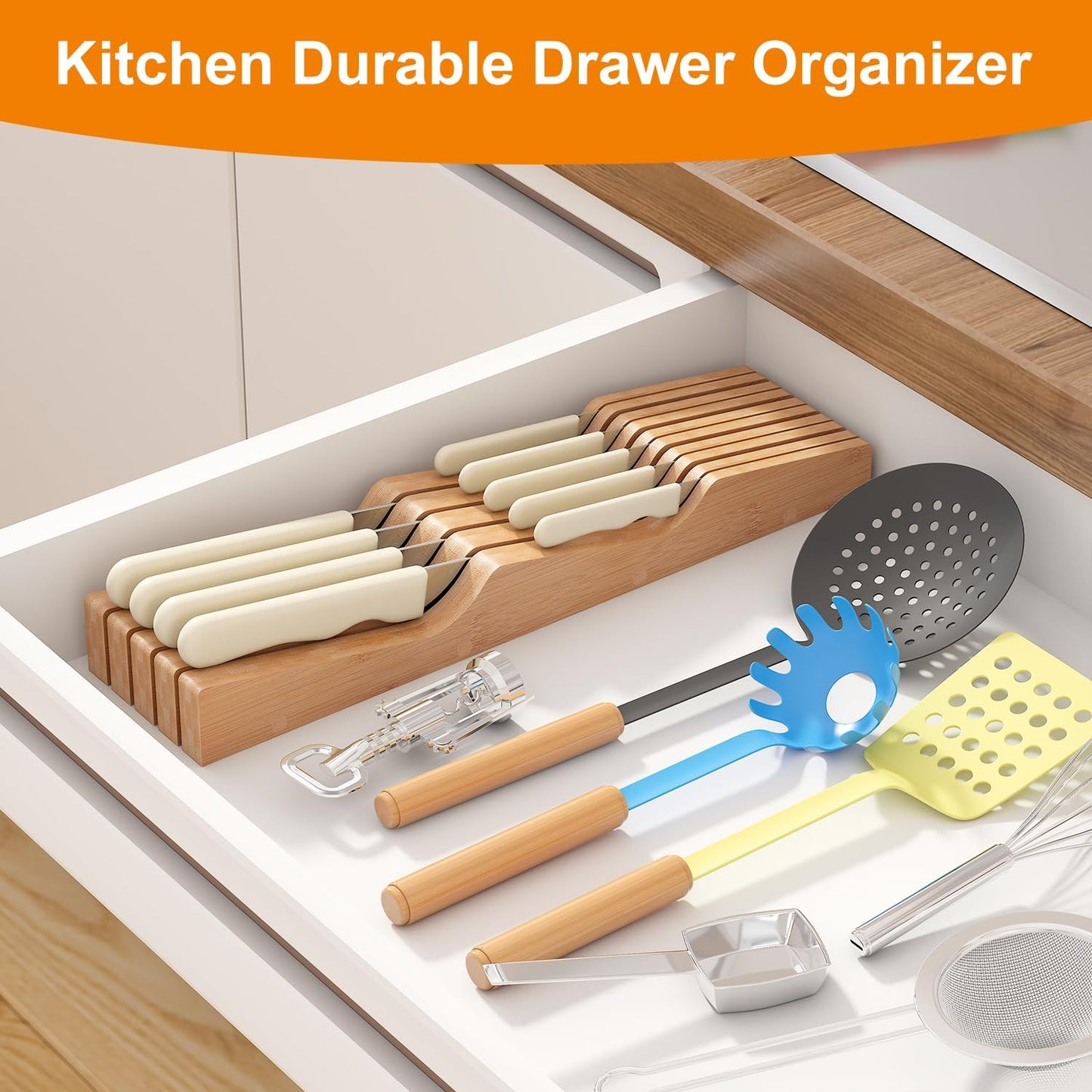 In-Drawer Knife Block Organizer - Bamboo Wood Drawer Knife Organizer-Protecting Knife Organizer Block (Not Included) (Natural, 7 Knives Dock)