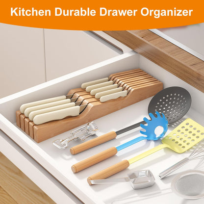 In-Drawer Knife Block Organizer - Bamboo Wood Drawer Knife Organizer-Protecting Knife Organizer Block (Not Included) (Natural, 7 Knives Dock)