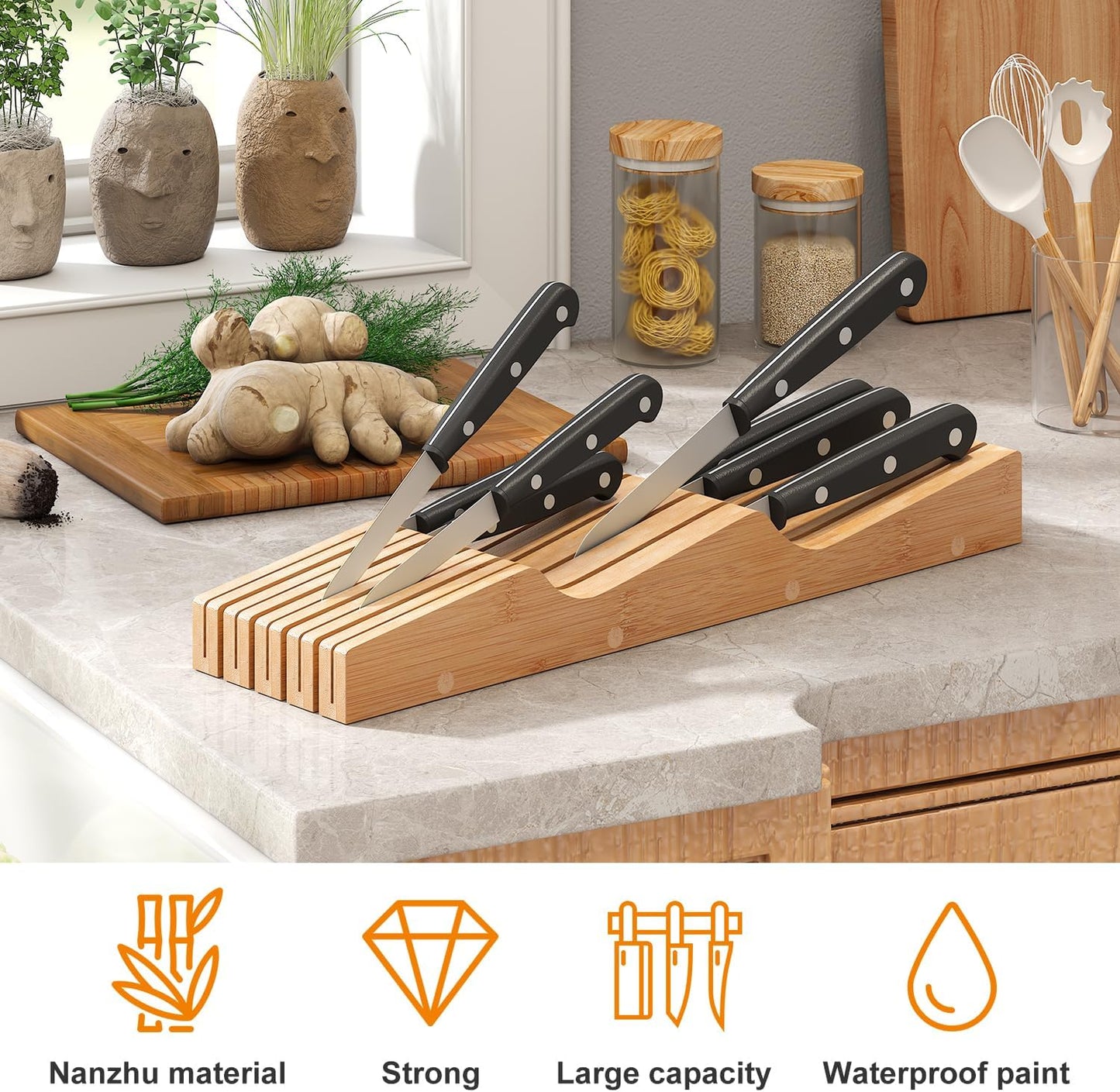 In-Drawer Knife Block Organizer - Bamboo Wood Drawer Knife Organizer-Protecting Knife Organizer Block (Not Included) (Natural, 7 Knives Dock)