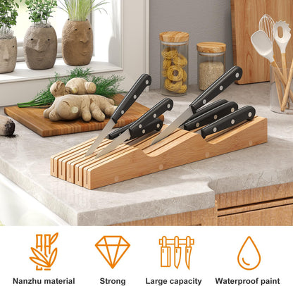 In-Drawer Knife Block Organizer - Bamboo Wood Drawer Knife Organizer-Protecting Knife Organizer Block (Not Included) (Natural, 7 Knives Dock)