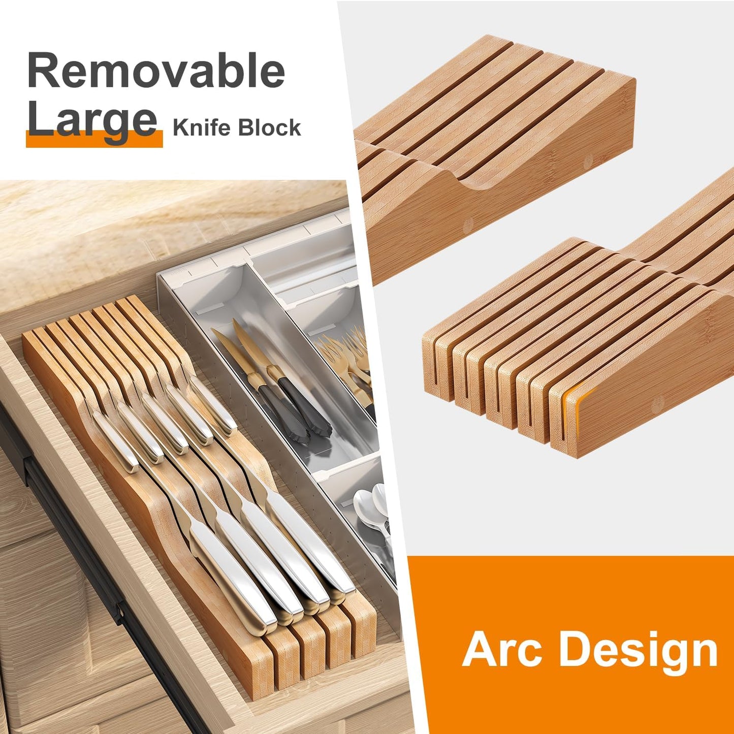 In-Drawer Knife Block Organizer - Bamboo Wood Drawer Knife Organizer-Protecting Knife Organizer Block (Not Included) (Natural, 7 Knives Dock)
