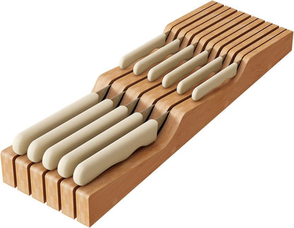 In-Drawer Knife Block Organizer - Bamboo Wood Drawer Knife Organizer-Protecting Knife Organizer Block (Not Included) (Natural, 7 Knives Dock)