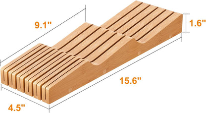 In-Drawer Knife Block Organizer - Bamboo Wood Drawer Knife Organizer-Protecting Knife Organizer Block (Not Included) (Natural, 7 Knives Dock)