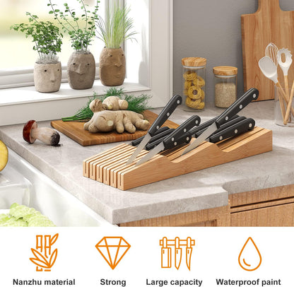 In-Drawer Knife Block Organizer - Bamboo Wood Drawer Knife Organizer-Protecting Knife Organizer Block (Not Included) (Natural, 7 Knives Dock)