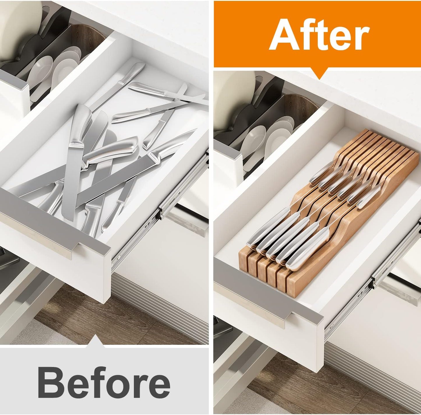 In-Drawer Knife Block Organizer - Bamboo Wood Drawer Knife Organizer-Protecting Knife Organizer Block (Not Included) (Natural, 7 Knives Dock)