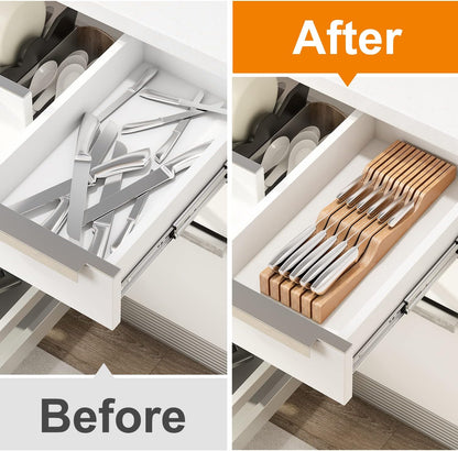 In-Drawer Knife Block Organizer - Bamboo Wood Drawer Knife Organizer-Protecting Knife Organizer Block (Not Included) (Natural, 7 Knives Dock)