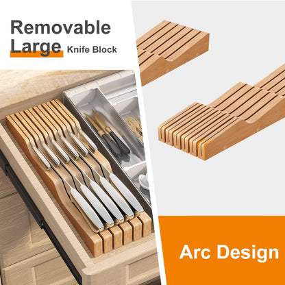 In-Drawer Knife Block Organizer - Bamboo Wood Drawer Knife Organizer-Protecting Knife Organizer Block (Not Included) (Natural, 7 Knives Dock)