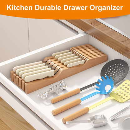 In-Drawer Knife Block Organizer - Bamboo Wood Drawer Knife Organizer-Protecting Knife Organizer Block (Not Included) (Natural, 7 Knives Dock)