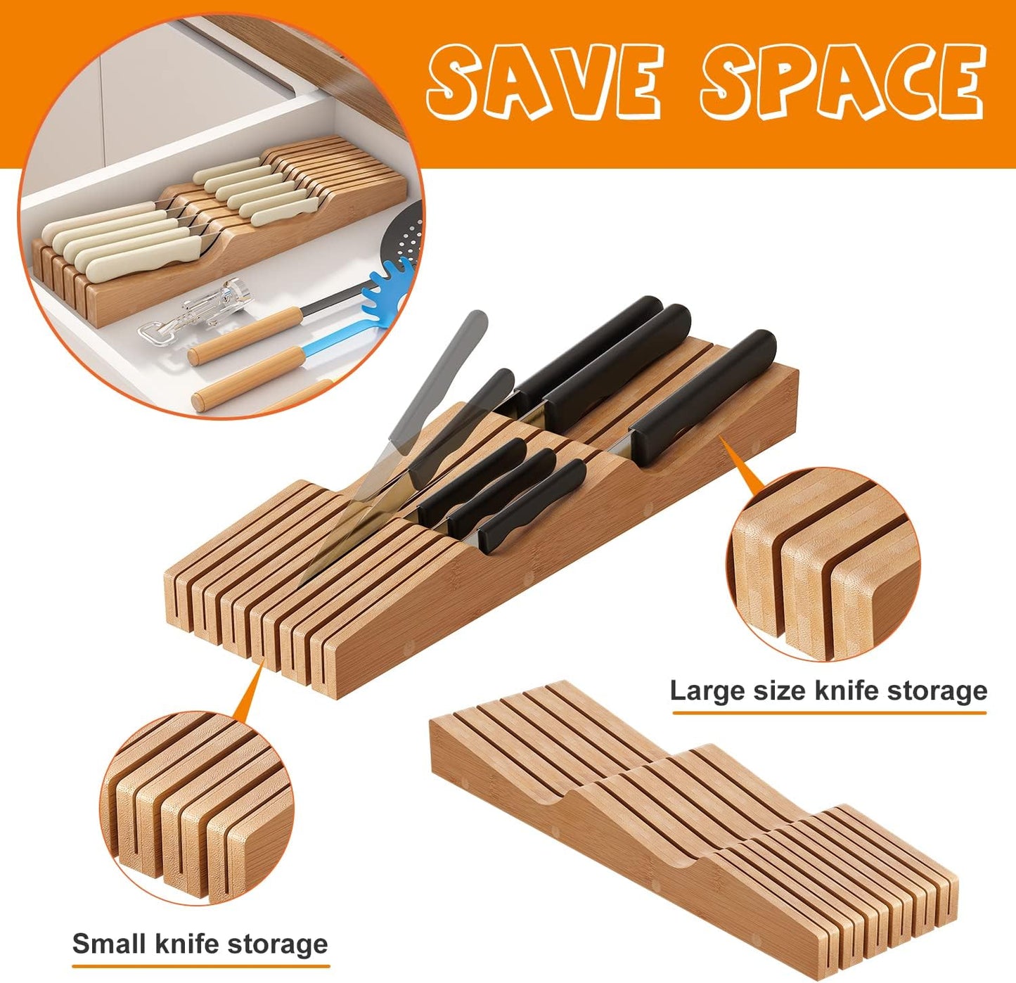 In-Drawer Knife Block Organizer - Bamboo Wood Drawer Knife Organizer-Protecting Knife Organizer Block (Not Included) (Natural, 7 Knives Dock)