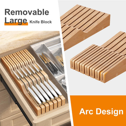 In-Drawer Knife Block Organizer - Bamboo Wood Drawer Knife Organizer-Protecting Knife Organizer Block (Not Included) (Natural, 7 Knives Dock)