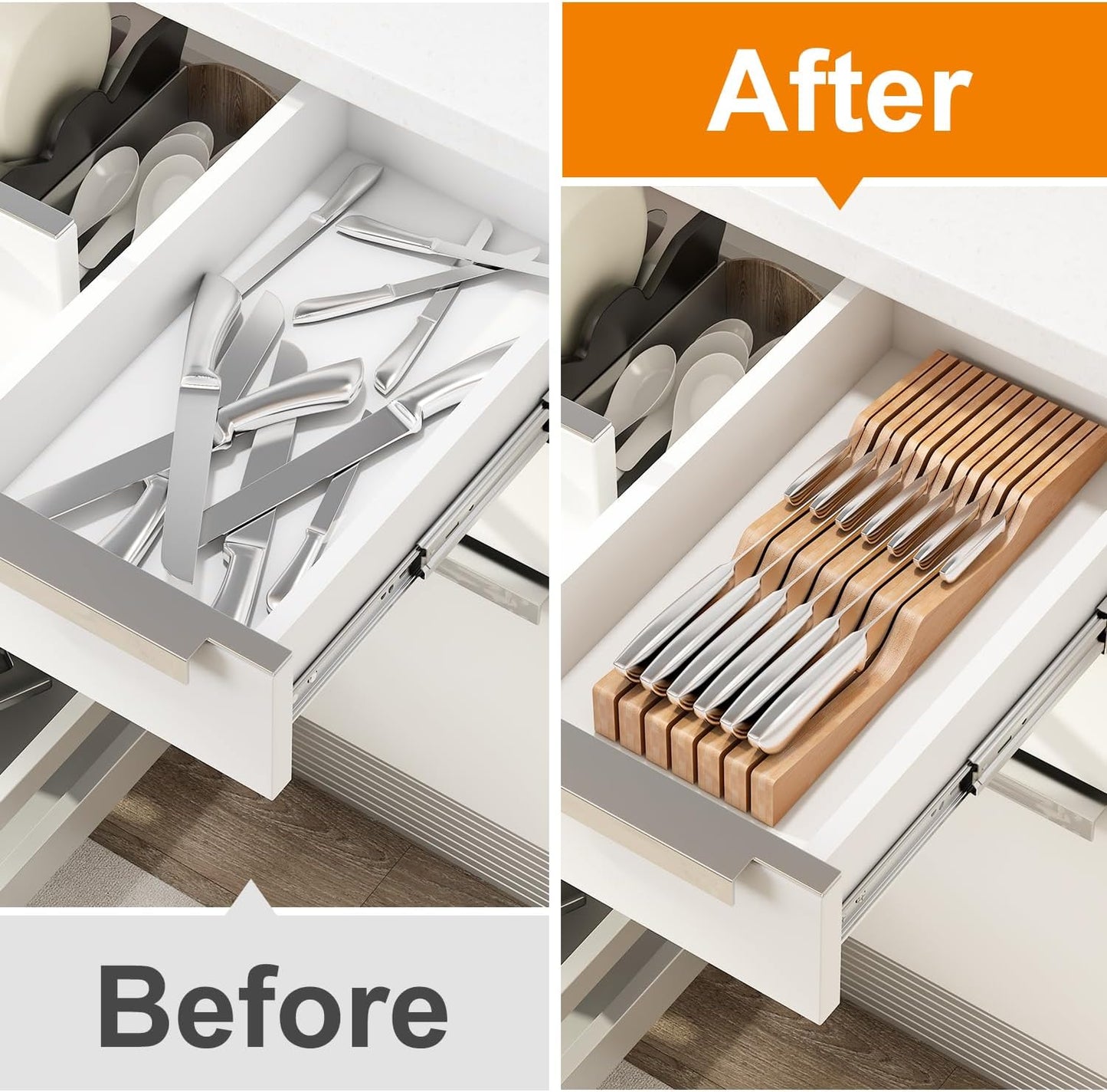 In-Drawer Knife Block Organizer - Bamboo Wood Drawer Knife Organizer-Protecting Knife Organizer Block (Not Included) (Natural, 7 Knives Dock)