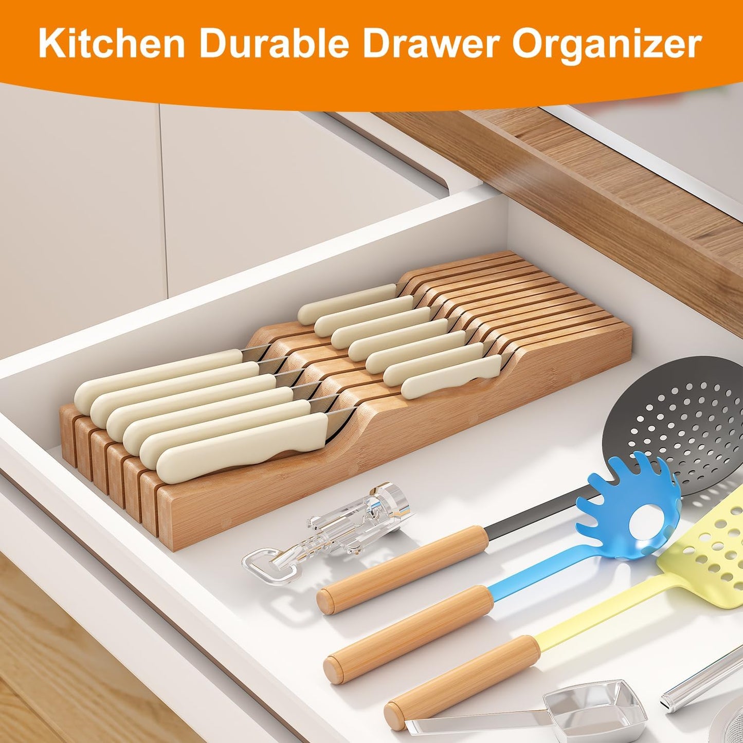 In-Drawer Knife Block Organizer - Bamboo Wood Drawer Knife Organizer-Protecting Knife Organizer Block (Not Included) (Natural, 7 Knives Dock)