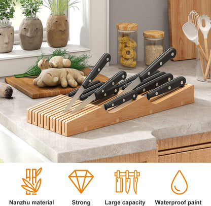 In-Drawer Knife Block Organizer - Bamboo Wood Drawer Knife Organizer-Protecting Knife Organizer Block (Not Included) (Natural, 7 Knives Dock)