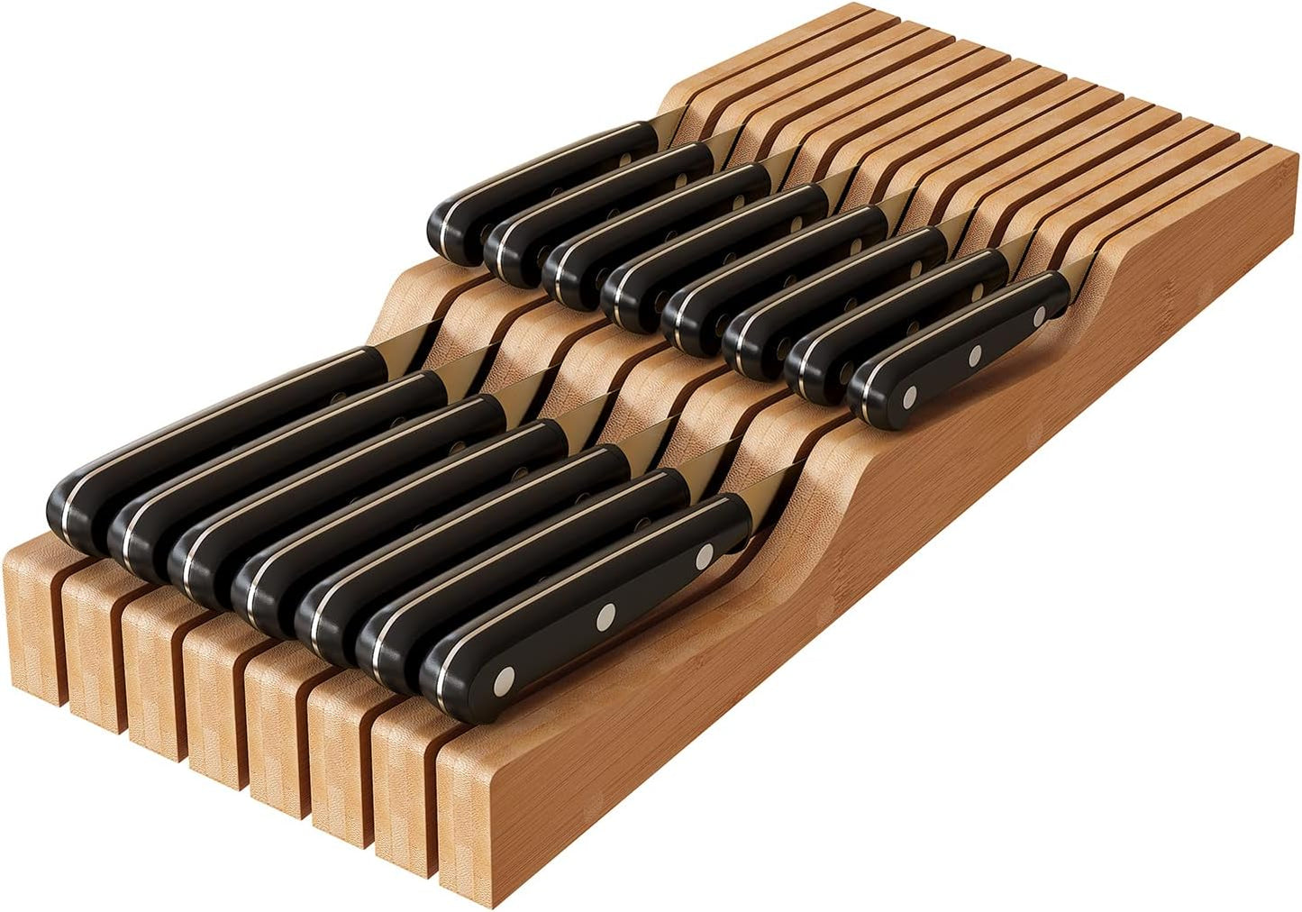 In-Drawer Knife Block Organizer - Bamboo Wood Drawer Knife Organizer-Protecting Knife Organizer Block (Not Included) (Natural, 7 Knives Dock)