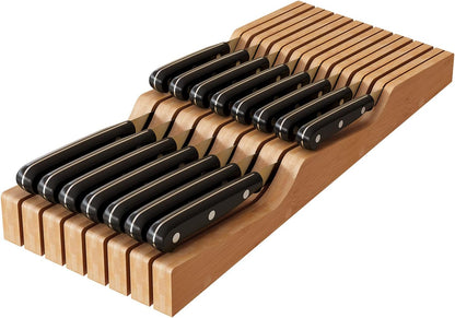 In-Drawer Knife Block Organizer - Bamboo Wood Drawer Knife Organizer-Protecting Knife Organizer Block (Not Included) (Natural, 7 Knives Dock)