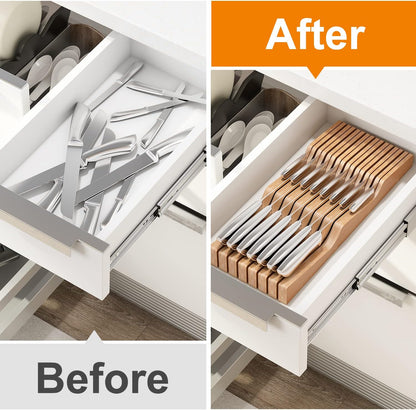 In-Drawer Knife Block Organizer - Bamboo Wood Drawer Knife Organizer-Protecting Knife Organizer Block (Not Included) (Natural, 7 Knives Dock)
