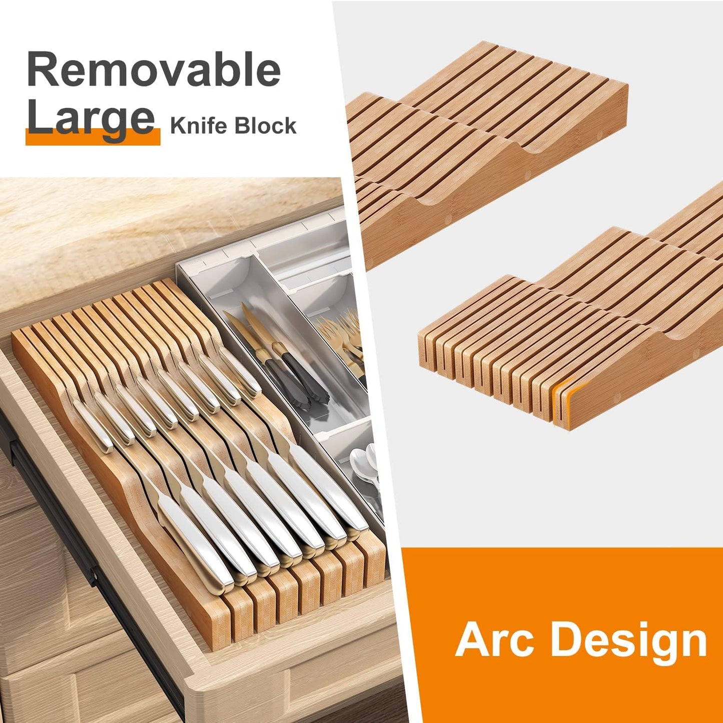 In-Drawer Knife Block Organizer - Bamboo Wood Drawer Knife Organizer-Protecting Knife Organizer Block (Not Included) (Natural, 7 Knives Dock)
