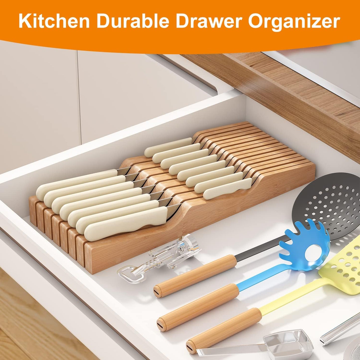 In-Drawer Knife Block Organizer - Bamboo Wood Drawer Knife Organizer-Protecting Knife Organizer Block (Not Included) (Natural, 7 Knives Dock)