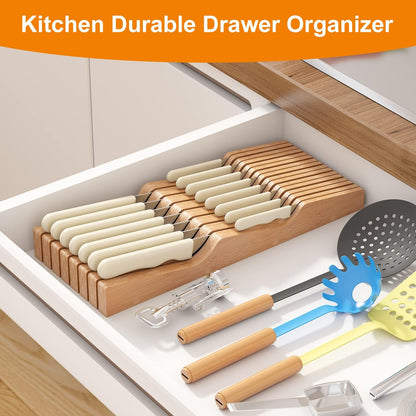In-Drawer Knife Block Organizer - Bamboo Wood Drawer Knife Organizer-Protecting Knife Organizer Block (Not Included) (Natural, 7 Knives Dock)