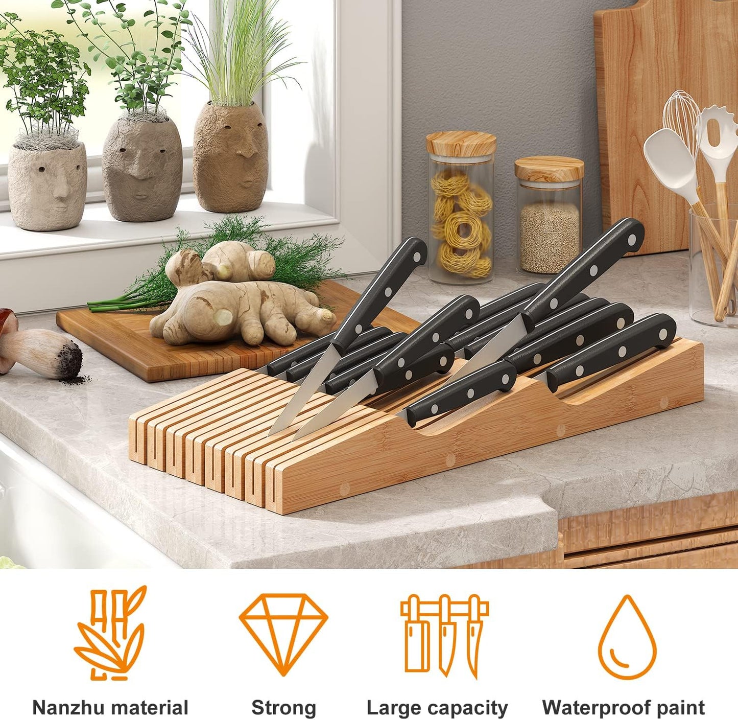 In-Drawer Knife Block Organizer - Bamboo Wood Drawer Knife Organizer-Protecting Knife Organizer Block (Not Included) (Natural, 7 Knives Dock)