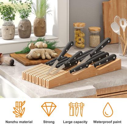 In-Drawer Knife Block Organizer - Bamboo Wood Drawer Knife Organizer-Protecting Knife Organizer Block (Not Included) (Natural, 7 Knives Dock)