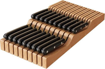 In-Drawer Knife Block Organizer - Bamboo Wood Drawer Knife Organizer-Protecting Knife Organizer Block (Not Included) (Natural, 7 Knives Dock)
